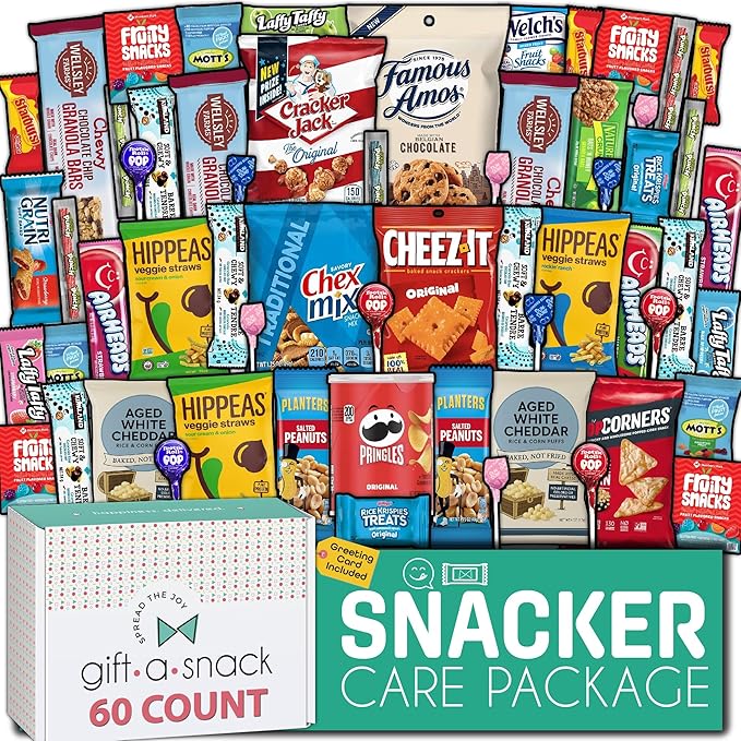 Gift A Snack - Thanksgiving, Holiday, Christmas Stocking Stuffer Snack Box Variety Pack Care Package + Greeting Card (60 Count) Birthday Sweet Treats Gift Basket, Candies Chips Crackers Bars
