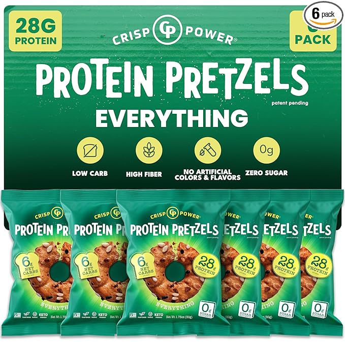 Crisp Power Protein Pretzels, Everything, High Protein Vegan Keto Snack, 28 G Plant Based Protein, Low Carb Crunchy Pretzel Snacks, No Added Sugar, No Seed Oils, 1.75 oz Bags, 6 Pack