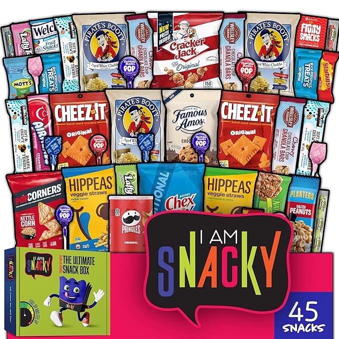 I AM Snacky - Thanksgiving Snack Box Variety Pack Care Package + Greeting Card - SNACKY'S FESTIVE FAVES (45 Count) Birthday Sweet Treats Gift Basket, Candies Chips Office Food Assortments