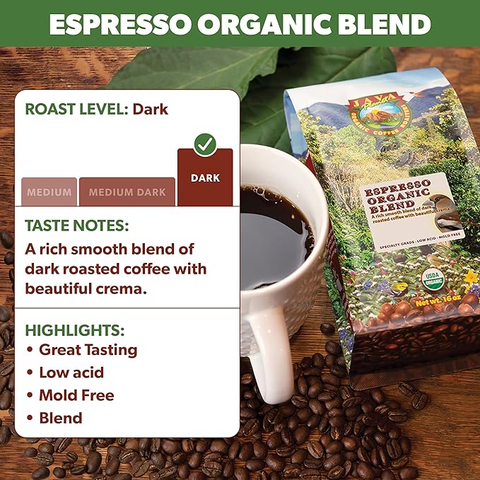 Low Acid Organic Coffee – Whole Bean, Mold-Free & Stomach Friendly by Java Planet, Espresso Blend Coffee, Dark Roast, Smooth Full Flavored, 2x1LB Bag