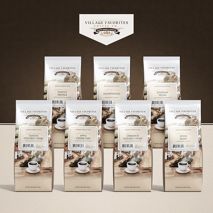 Village Favorites Flavored Coffee – Low Acid, Mold-Free, 100% Arabica, Slow Roasted Medium Roast, Smooth & Stomach Friendly, Ground, 1LB Bag (16oz)- Kosher (16oz, Toasted S’mores)