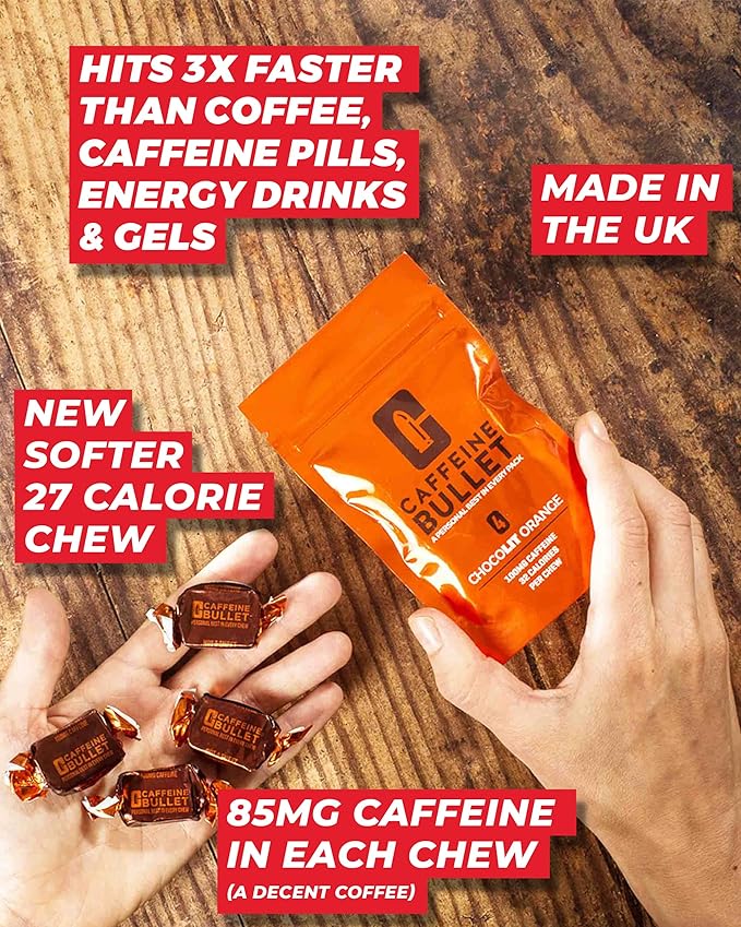 Caffeine Bullet Energy Chews - Chocolate Orange. 16 * 85mg - Faster Kick Than Pills, Gels & Gum. Sport Science for Running, Cycling, Gaming. A Pre Workout Endurance Boost.