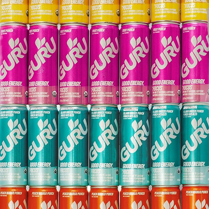 GURU PUNCH Organic Energy Drinks Variety Pack, Clean Energy Drink with Plant Based Natural Caffeine from Green Tea + Focus w/L-Theanine, Gluten Free, 140mg Caffeine, Healthy Drinks, 12oz (Pack of 12)