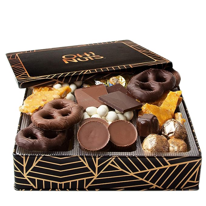 Oh! Nuts Chocolate Gift Basket - 6 Section Candy Square Metal Tin Box - Gourmet Assorted Chocolate Gifts Baskets - Healthy Chocolate Gifts Box for Birthday, Holiday, Corporate, Family, Men & Women