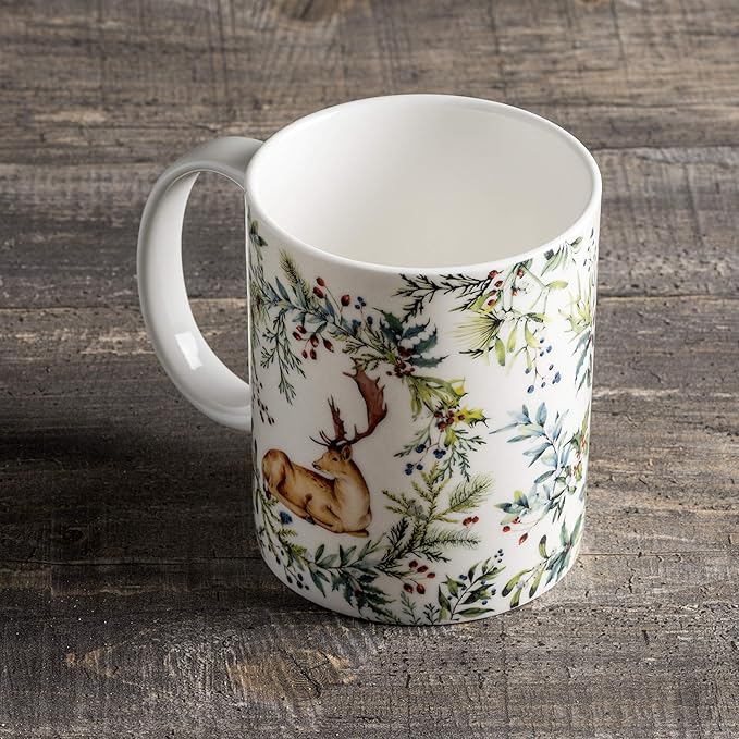 Maison d' Hermine Coffee Mug with Handles Fine Bone China Mugs Pack of One Tea Cups for Hot Beverages Cappuccino Latte Home Restaurant Office Perfect for Gift (Holly Time - Cerf, 15 Ounce)