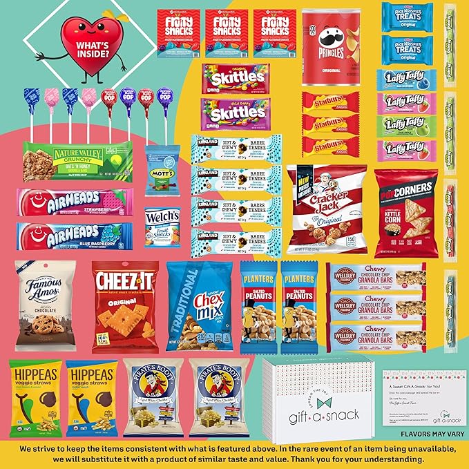 Gift A Snack - Thanksgiving, Holiday, Christmas Stocking Stuffer Snack Box Variety Pack Care Package + Greeting Card (50 Count) Birthday Sweet Treats Gift Basket, Candies Chips Crackers Bars