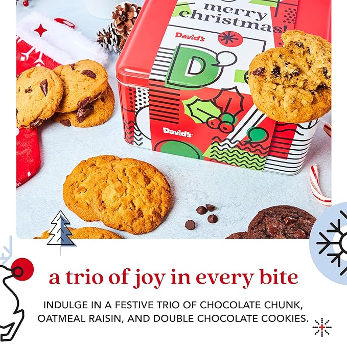 David’s Gourmet Fresh Baked Merry Christmas Assorted Holiday Cookies Tin – 1Lb All-Natural Handmade Soft Variety Cookies in a Premium Gift Box