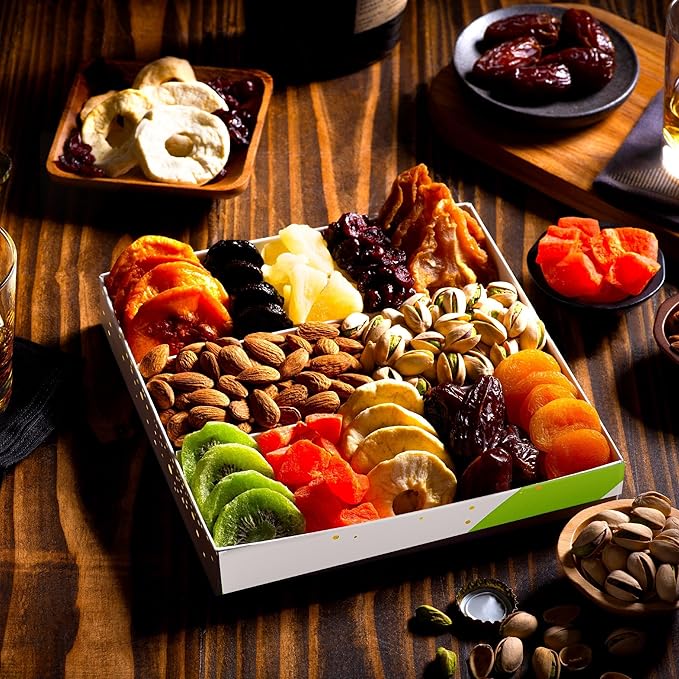 NUT CRAVINGS - Thanksgiving Dried Fruit & Mixed Nuts Gift Basket in White Gold Box (12 Assortments) Holiday Xmas Christmas Food Arrangement, Healthy Snack Care Package, Food Assortments
