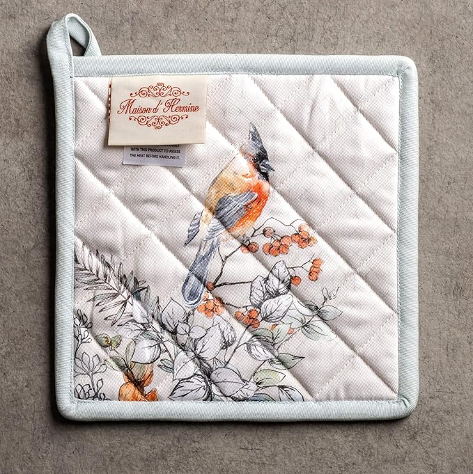 Maison d' Hermine Pot Holders 100% Cotton Heat Resistant Potholders 8" x 8" Hot Pads with Loop BBQ, Cooking, Baking, Grilling, Kitchen, Handling Hot Pans (Pack of 1, Whitish Shabby Chique)