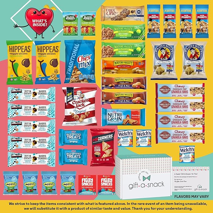 Gift A Snack - Thanksgiving, Holiday, Christmas Stocking Stuffer Healthy Snack Box Care Package + Greeting Card (40 Count) Birthday Treats Gift Basket, Nutritious Granola Breakfast Bars