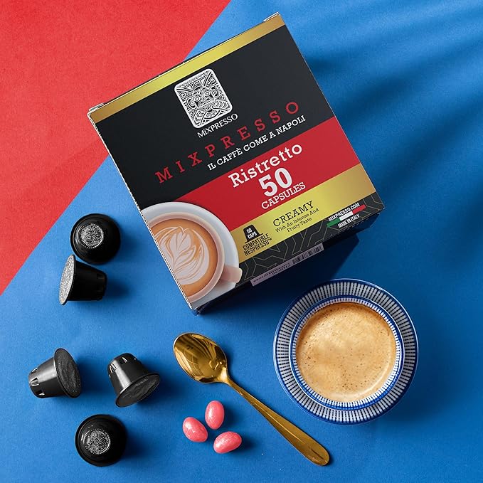 Mixpresso Coffee Ristretto Espresso Capsules Compatible With Nespresso Original Brewers, Single Cup Coffee Pods 100% from Italy Dark Roast 80% Arabica Espresso, 50 Count Coffee Capsule Intensity 12/12