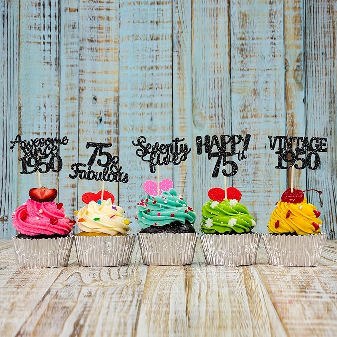 Gyufise 30 Pack black Glitter 75th Birthday Cupcake Toppers Vintage 1950 Cake Toppers Hello 75 Cake Topper Sixty Five 75 & Fabulous Cupcake Picks 75th Birthday Cake Decorations Supplies