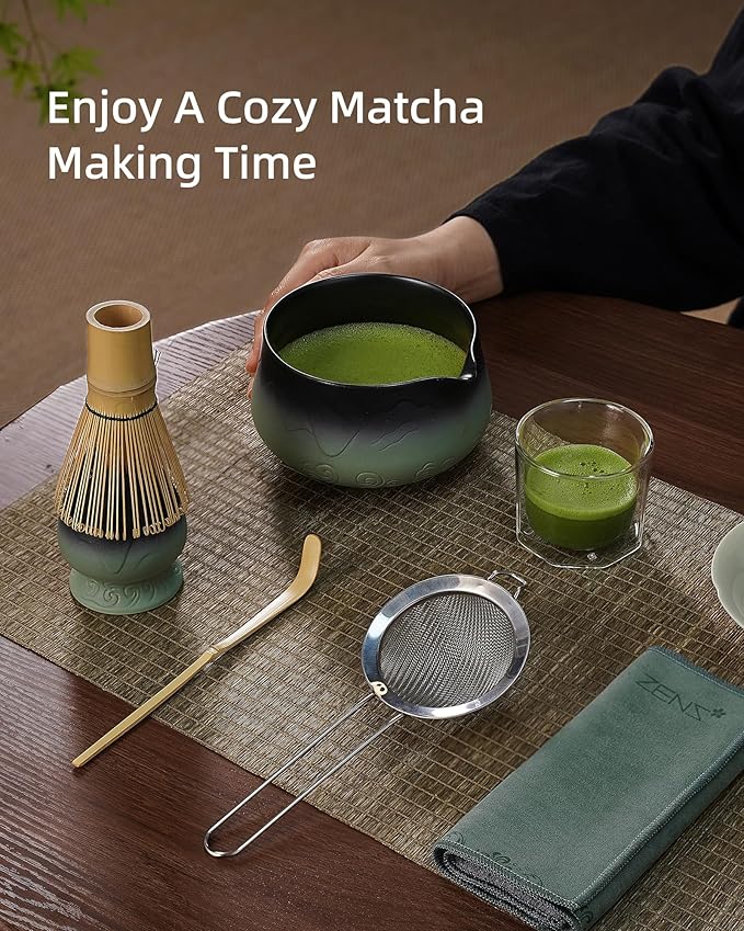 ZENS Matcha Whisk Set, 15oz Matcha Set with Bowl and Bamboo Whisk, Sifter, Scoop, (Chasen Holder) -Tea Towel, 6pcs Matcha Kit Chawan for Matcha-Making, Sage Green
