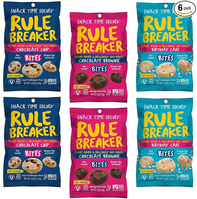 Rule Breaker Vegan & Gluten Free Cookies | Variety Pack Brownie, Chocolate Chip & Birthday Cake | Plant-Based Top 11 Allergen-Free | Soft-Baked, Better-For-You Snacks for School, Office & Home (Pack of 6)