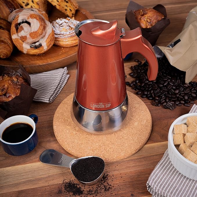 London Sip Stainless Steel Stovetop Espresso Maker Moka Pot Italian Coffee Percolator, Copper, Small (5.07 oz)