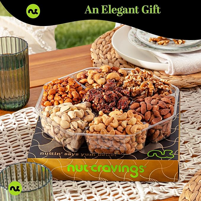 NUT CRAVINGS - Thanksgiving Mixed Nuts Gift Basket in Black Gold Box (7 Assortments, 2 LB) Holiday Xmas Christmas Food Arrangement, Healthy Snack Care Package, Food Assortments