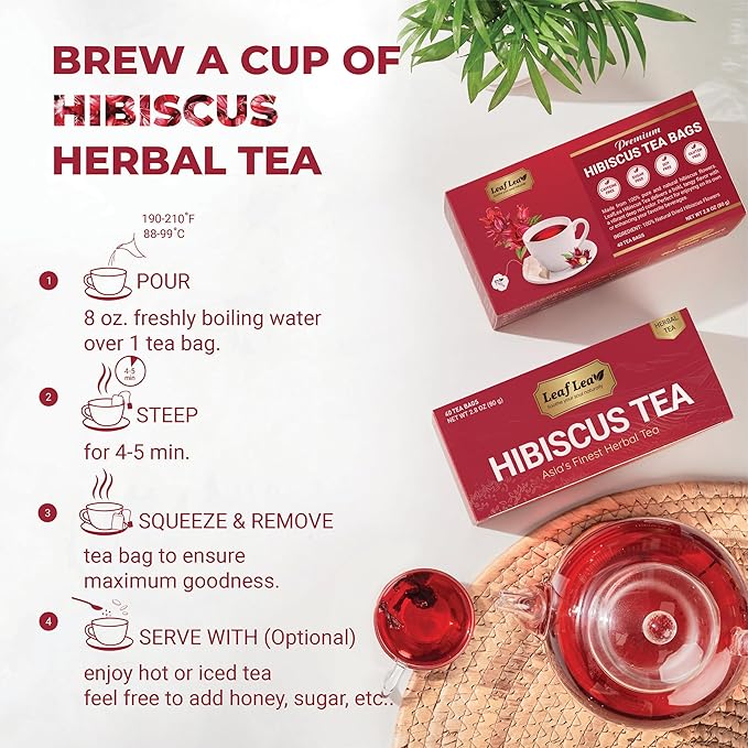 LeafLea 40 Premium Natural Hibiscus Tea Bags, 100% Pure from Hibiscus Flowers, Caffeine-Free Herbal Tea, Hibiscus Flower Tea Rich in Natural Goodness and Flavor, No Sugar, Gluten-Free, Vegan