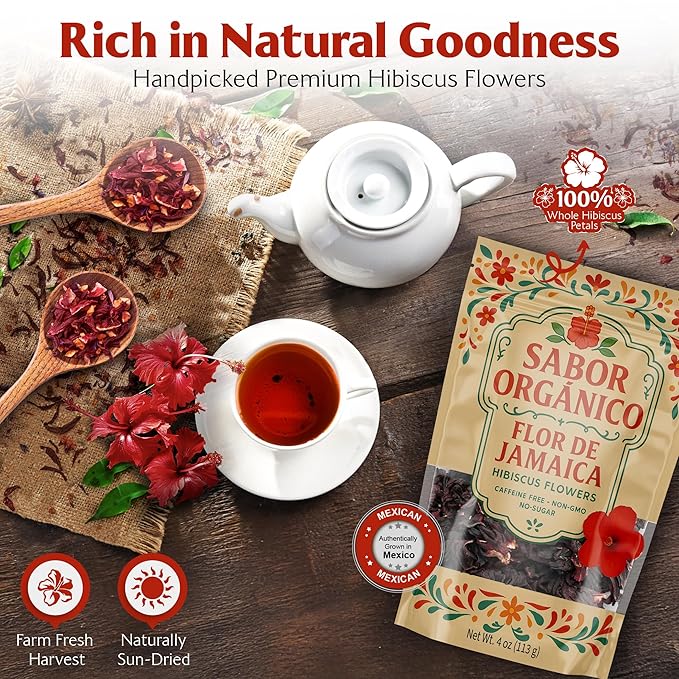 1lb Dried Hibiscus Flowers perfect for Tea and Mexican Agua de Jamaica | Flor de Jamaica Organica Natural | Flor de Jamaica Non-GMO, No Preservatives Resealable Stand-up pouches | by Sabor Orgánico