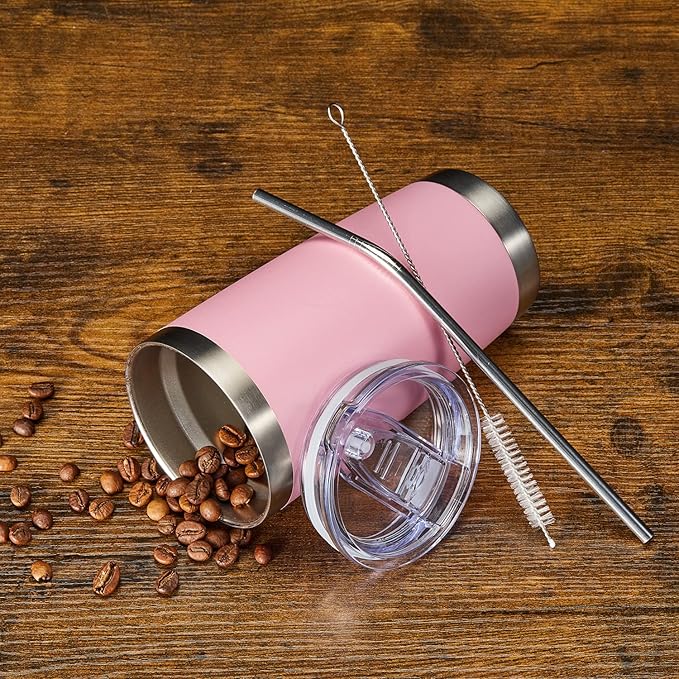 COMOOO 20oz Double Wall Vacuum Insulated Travel Mug Stainless Steel Tumbler with Lid and Straw Durable Powder Coated Insulated Coffee Cup for Cold & Hot Drinks (Pink, 12 pack