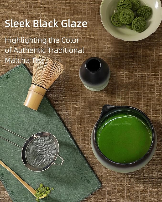 ZENS Matcha Whisk Set, 15oz Matcha Set with Bowl and Bamboo Whisk, Sifter, Scoop, (Chasen Holder) -Tea Towel, 6pcs Matcha Kit Chawan for Matcha-Making, Sage Green