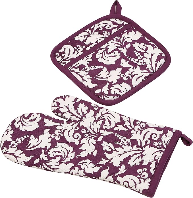 Yourtablecloth Set of Oven Mitt and Pot Holder or Oven Gloves – 100% Cotton, High Heat Resistance, Superior Protection & Comfort – Elegant Design – Machine Washable-Eggplant