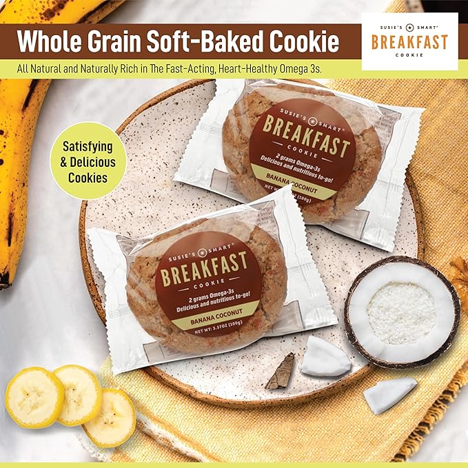 Susie's Smart Breakfast Cookie Healthy Omega-3s and Protein rich Soft Chewy Home-baked Cookie, Coconut/Banana, 3.57 Ounce (Pack of 18), 64.26 Ounce