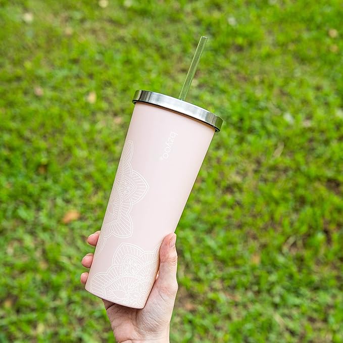 bzyoo SUP Double Wall Vacuum Insulated Tumbler with Straw and Lid Stainless Steel Water Bottle Cold Drink Travel Mug Cup, Valentines Gifts For Him & Her (710ml) Color: Mandala Pink