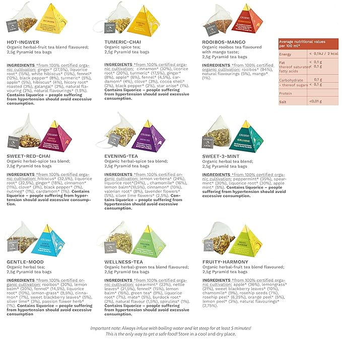 Creano Organic Herbal Tea Gift Set "Organic Herbal Tea" – 18 Pyramid Tea Bags in 9 Different Varieties – 30 g*