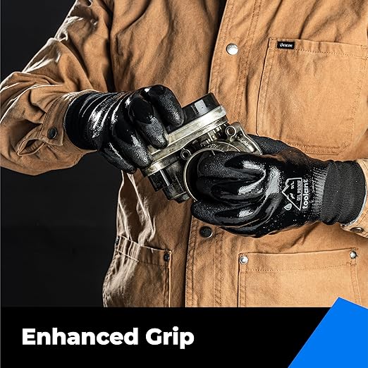 Waterproof Gloves Bulk Pack for Men and Women, 3 Pairs, Freezer Gloves with Grip, Double Nitrile Dipped for Extreme Oil Repellent, for Construction, Mechanics, Mining, Plumbing, Black, Small