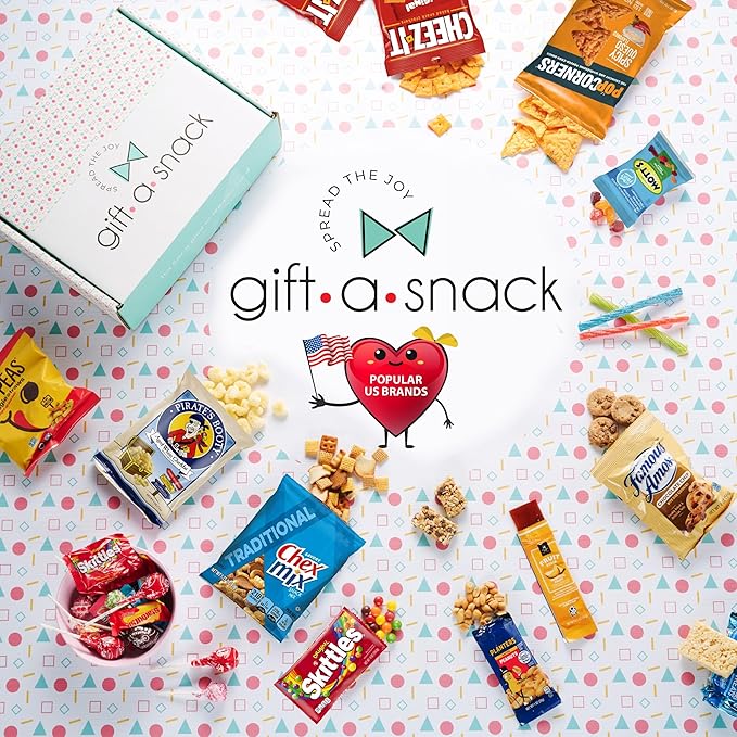 Gift A Snack - Thanksgiving, Holiday, Christmas Stocking Stuffer Snack Box Variety Pack Care Package + Greeting Card (60 Count) Birthday Sweet Treats Gift Basket, Candies Chips Crackers Bars