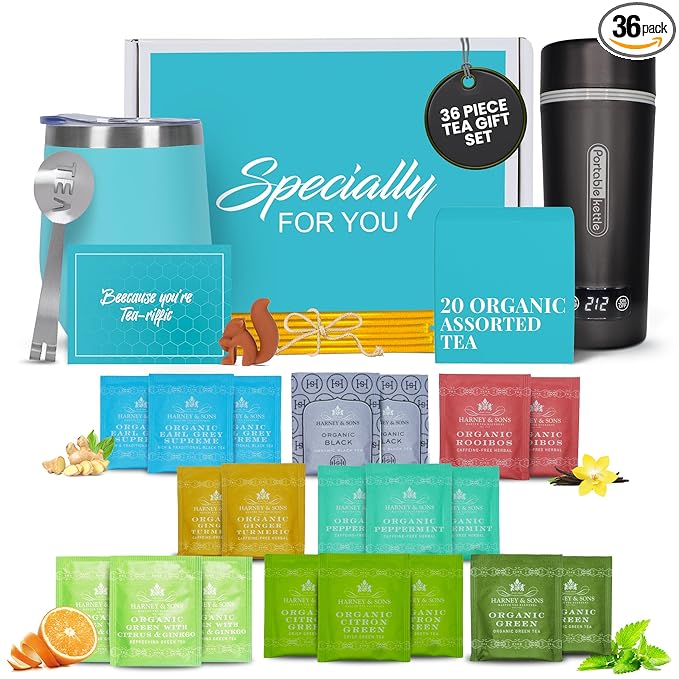 Gift Set with Kettle – 36-Piece Sampler for Tea Lovers with Insulated Mug, Organic Blends & Accessories (Organic Hrny & Sons Tea)