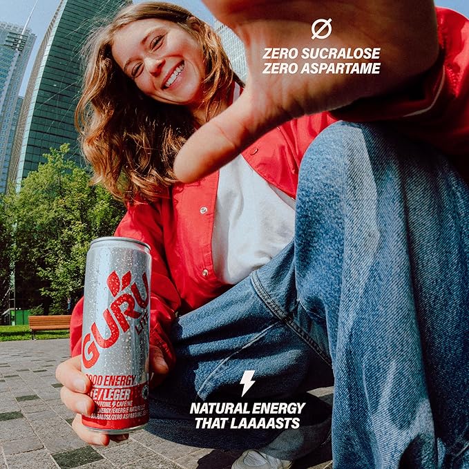 GURU Lite Organic Energy Drinks, Clean Energy Drink with Plant Based Natural Caffeine from Green Tea, Low Calorie, Gluten Free and Vegan, 140MG Caffeine, Healthy Drinks, 12oz (Pack of 24)