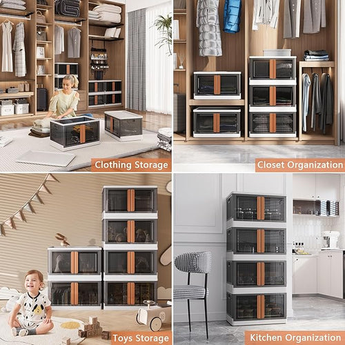 19Gal Collapsible Storage Bins with Lids & Wheels - 2 Pack Stackable with Doors, Heavy-Duty Plastic Containers for Home/Office, White