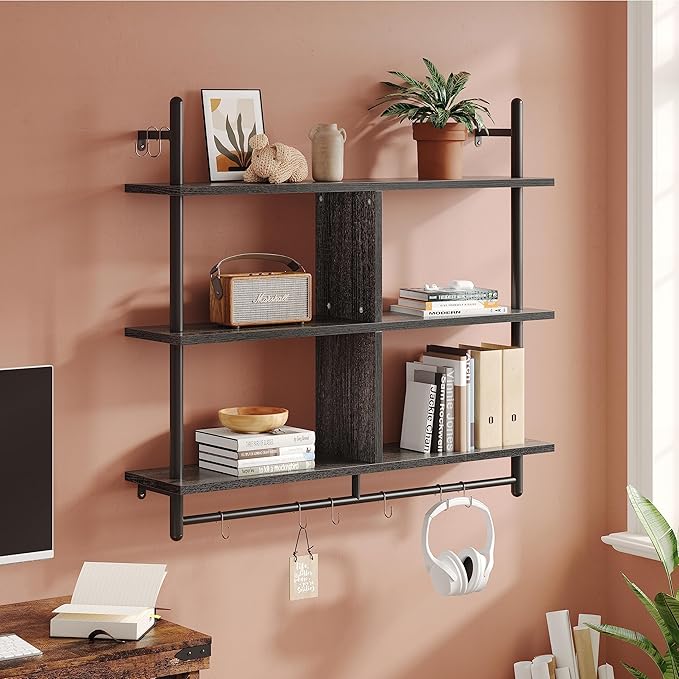Bestier Kitchen Shelves Wall Mounted Floating Pipe Shelving 3 Tier 41.5" Coffee Bar Shelf with Holder, Wall Display Storage Rack Sundries for Kitchen Living Room, Charcoal Black