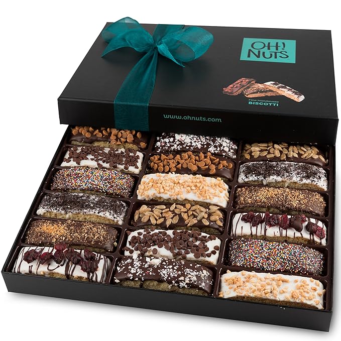 Oh! Nuts Gourmet Gift Baskets - 18 Biscotti Cookie Chocolate Gift Basket - Unique Prime Holiday, Birthday, Anniversary, Corporate Tray for Men, Women