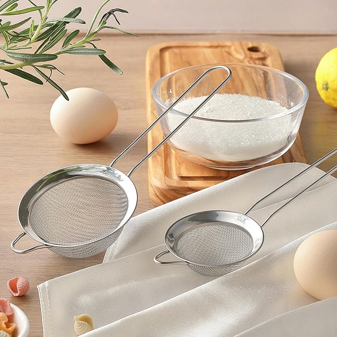 2 Pack Fine Mesh Strainers, Mini Stainless Steel Strainer with Handle for Kitchen, Metal Sieve Sifters for Straining Tea, Matcha, Cocktail, Juice and Coffee (8.6in 7.5in)