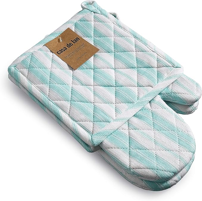 1 Oven Mitt, 1 PotHolder & 1 Kitchen Apron Set - Durable Heat Resistant Gloves - Thick Mittens for Kitchen - Suitable for Cooking, Baking, Grilling – Men & Women – Light Blue Stripes