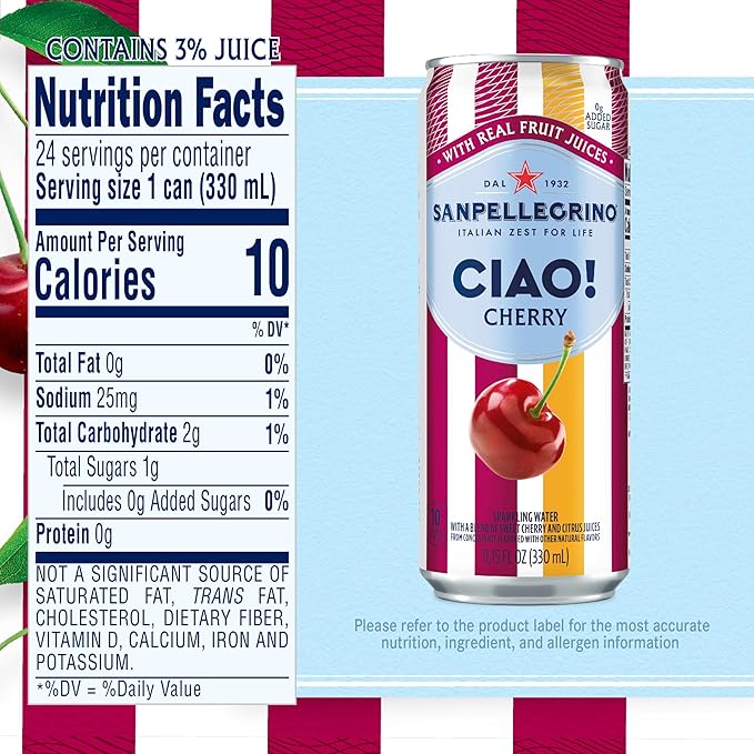 Sanpellegrino CIAO Cherry Sparkling Water, Low-Calorie Italian Sparkling Water with Real Fruit Juices, 0g Added Sugar, 24-Pack