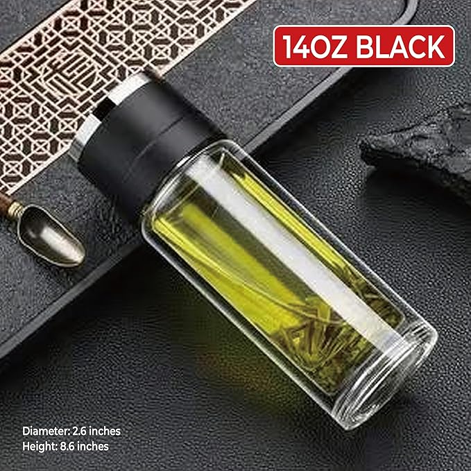 Glass Water Bottle Fits in Car Cup Holder, 14 oz Double Wall Borosilicate Glass Tea Infuser Bottle, One Handed One Key Lid Opening, for Car, Home, Office