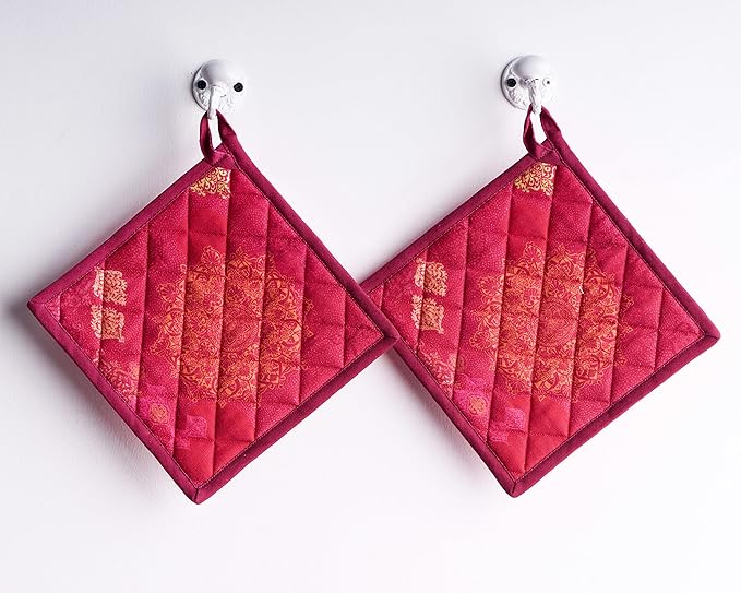 Maison d' Hermine Pot Holders Set 100% Cotton Heat Resistant Potholders 8" x 8" Hot Pads with Loop BBQ, Cooking, Baking, Grilling, Kitchen, Handling Hot Pans (Pack of 2, Versailles)