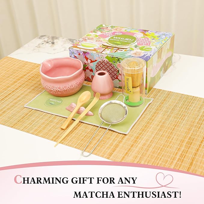 Matcha Whisk Set, Pink Matcha Set, 8 Pcs Complete Ceramic Matcha Making Kit with Bowl, Bamboo Whisk & Holder, Stainless Sifter, Tea Towel, Scoop & Scoop Rest, Perfect for Beginners & Lovers