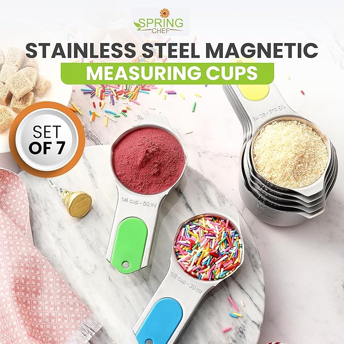Spring Chef Magnetic Stainless Steel Measuring Cups (Patent Pending), Kitchen Tools with Easy to Read Markings for Measuring Dry or Liquid Ingredients, Set of 7, Neon