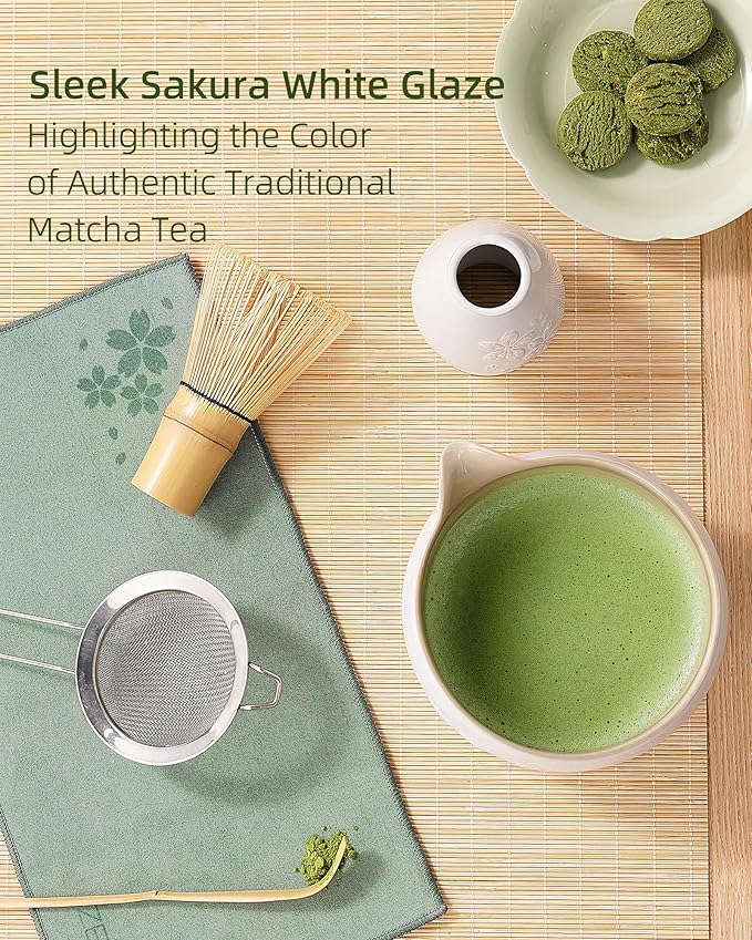 ZENS Matcha Whisk Set, Ceramic Matcha Set Includes 15oz Sakura Bowl, Bamboo Whisk & Chasen Holder, Scoop & Sifter-Tea Towel, 6pcs Matcha Kit for Matcha Lovers, White
