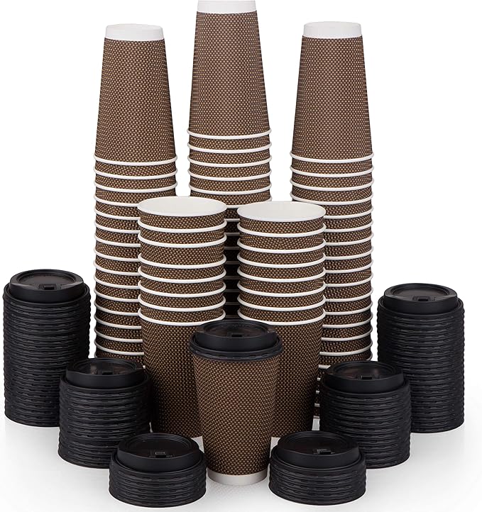 Promora Brown Disposable Coffee Cups With Lids 16 oz, Premium Insulated Paper Ripple Cups for Hot Coffee (80 Pack)