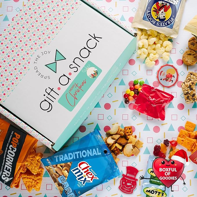 Gift A Snack - Christmas Stocking Stuffed, Pre-filled Holiday Snack Box Care Package + Greeting Card (40 Count) Sweet Treats Gift Basket, Candies Chips Cravy Food Assortments & Variety Gifts