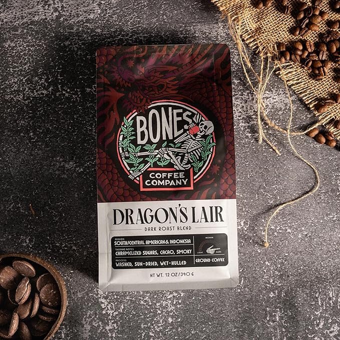 Bones Coffee Company Dragon's Lair, Smokey, Cacao and Caramelized Sugar Notes, Unflavored Coffee, Medium Roast Low Acid Arabica Beans Compatible with Auto drip and French Press Coffee Maker, 12 Oz Whole Bean