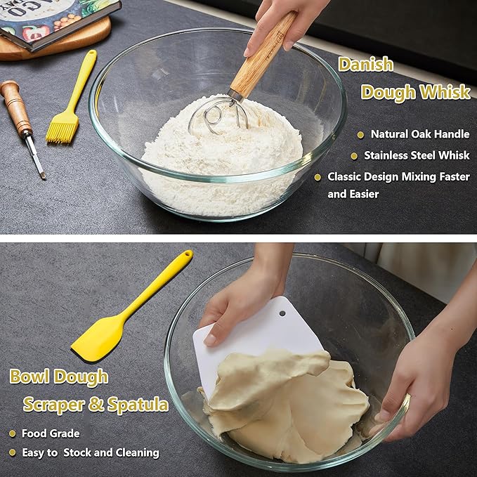 Sourdough Bread Baking Set - 10 Inch Oval & 9 Inch Round Banneton Bread Proofing Baskets with Linen Liner, Danish Dough Whisk, Dough Scraper Kit