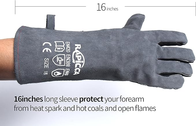 RAPICCA Fireplace Gloves Fire Heat Resistant: Grey 16IN 662℉- Fireproof Leather for Fireplace Fire pit Wood stove Campfire Furnace BBQ Grill Oven Stick Mig Welding Welder Gear - Birthday Gift for men