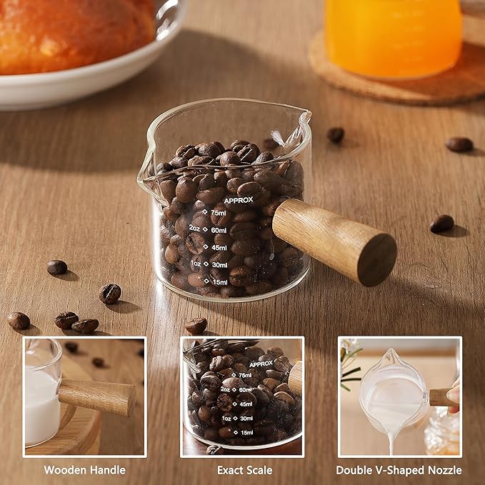 2 Pack Measuring Cups, Espresso Shot Glass with Wood Handle, Clear Glass with Dual Scale, Espresso Accessories with Double Spouts, 2.5 OZ /75 ML