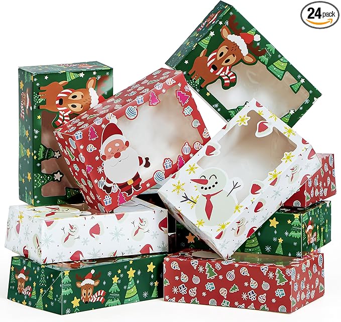 JOYIN 24 PCS Christmas Foil Treats Cookie Gift Boxes (8.75" x 5.75" x 2.75") Colorful Pattern Bakery Box with Window for Xmas Holiday Birthday Party Pastries, Cupcakes, Brownies, Donuts Gift-Giving